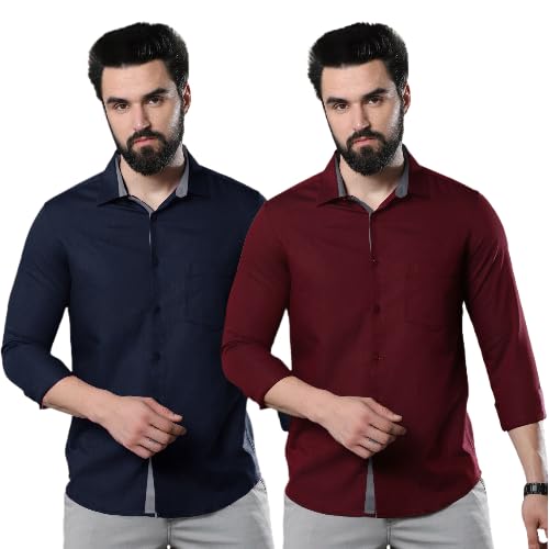 Pinkmint Combo Of Men Casual Cotton Blend Full Sleeves Formal Regular Slim Fit Plain Office Shirts