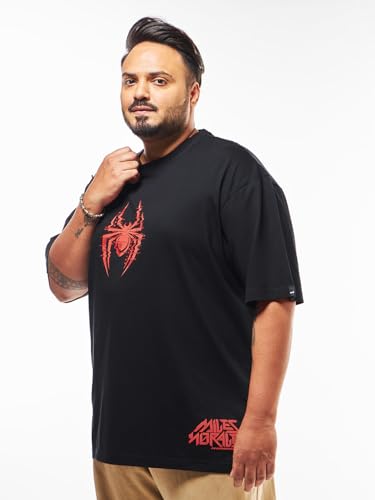 Bewakoof Official Marvel Merchandise Mens Graphic Print Regular Fit Half Sleeve Round Neck Cotton Plus Size T-Shirt_599554_Blac