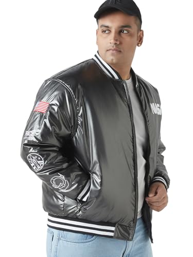 Bewakoof Official Nasa Merchandise Mens Graphic Printed Oversized Fit Full Sleeve Mandarin Collar Nylon Plus Size Bomber Jacket