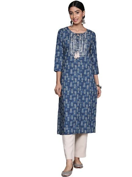 anubhutee Women's Cotton Navy Blue Gota Patti Geometric Printed Straight Kurta