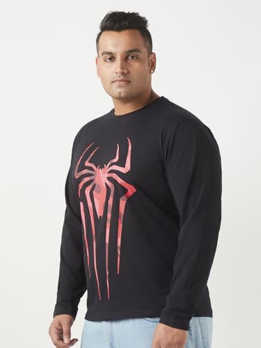 Bewakoof Plus Official Marvel Merchandise Spider-Man Mens Graphic Print Regular Fit Full Sleeve Round Neck Cotton Plus Size T-S