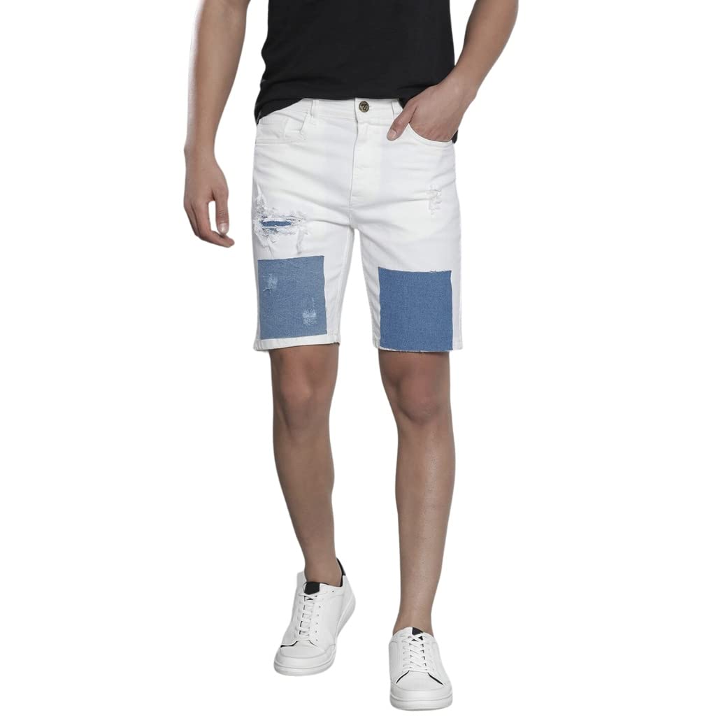 The Indian Garage Co Men Slim Fit Contrast Patchwork Mid-Rise Denim Shorts