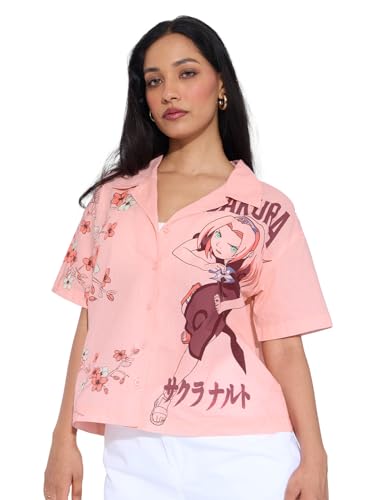 The Souled Store Naruto: Sakura Women and Girls Short Sleeves Collared Neck Button Front Pink Graphic Printed Oversized Fit Cott