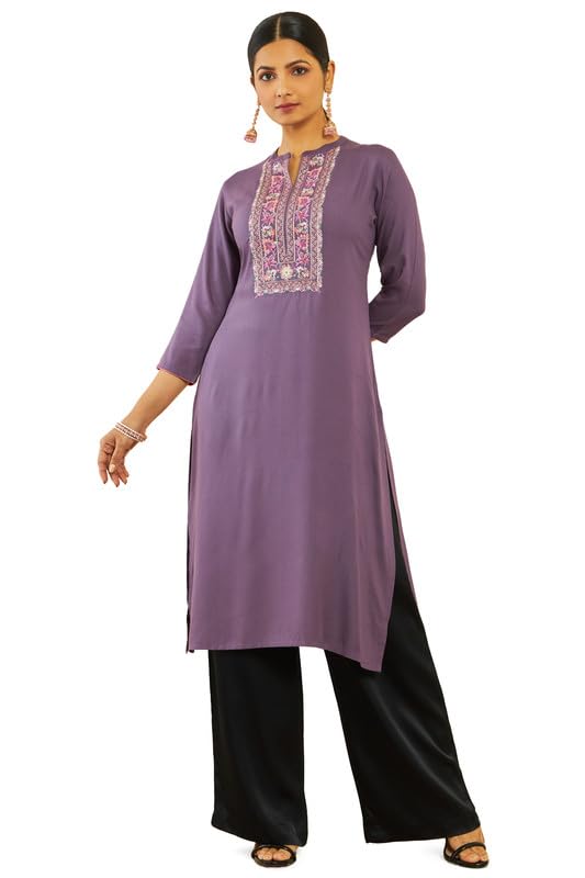 Soch Womens Rayon Straight Kurta with Floral EmbroideYoke