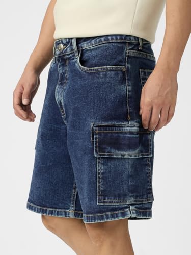 The Souled Store Denim: Ocean Blue Men and Boys Buttoned Solid Knee Length Cotton Blend Denim Shorts