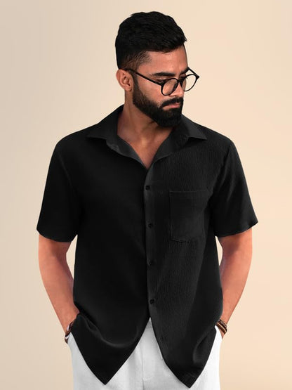 PinkMint Popcorn Shirt for Men ll Textured Shirts for Men ll Stylish Half Sleeve Shirt ll Goa Wear ll Regular Fit Shirt Black