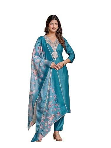 Toochki Women's Firozi Viscose Rayon Straight Embroidered Kurtis and Palazzo & Printed Dupatta Set