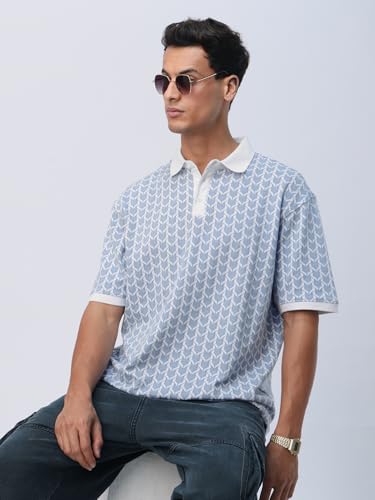 The Souled Store Oversized Polos: Dusk Men and Boys Short Sleeves Collared Neck Geometric Pattern Breathable Comfortable All-Sea