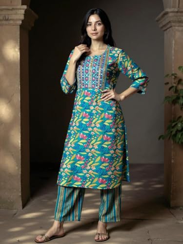 rangita Women Teal Rayon Embroidered Straight Calf Length Kurta with Pant