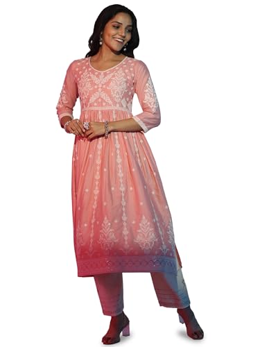 Libas WomenS Cotton Ethnic Motifs A-Line Kurta (37199_Peach