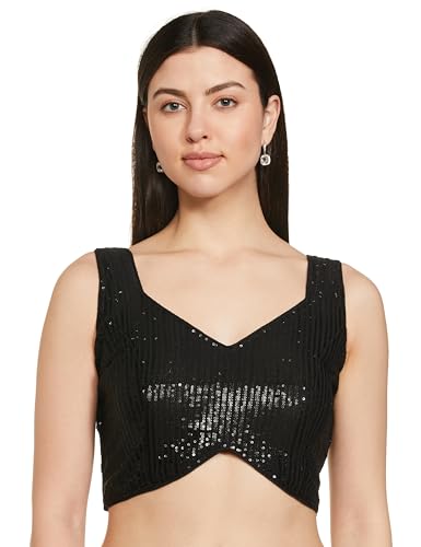 Vihu Fashion Womens Multicolor Sweetheart Neck Georgette Line Soft Sequence Zari Work Sleeves Readymade Saree Blouse (Black, 32