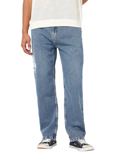 Bewakoof MenS Embroidered Straight Fit Washed Pure Cotton Jeans_684678_Blue_32