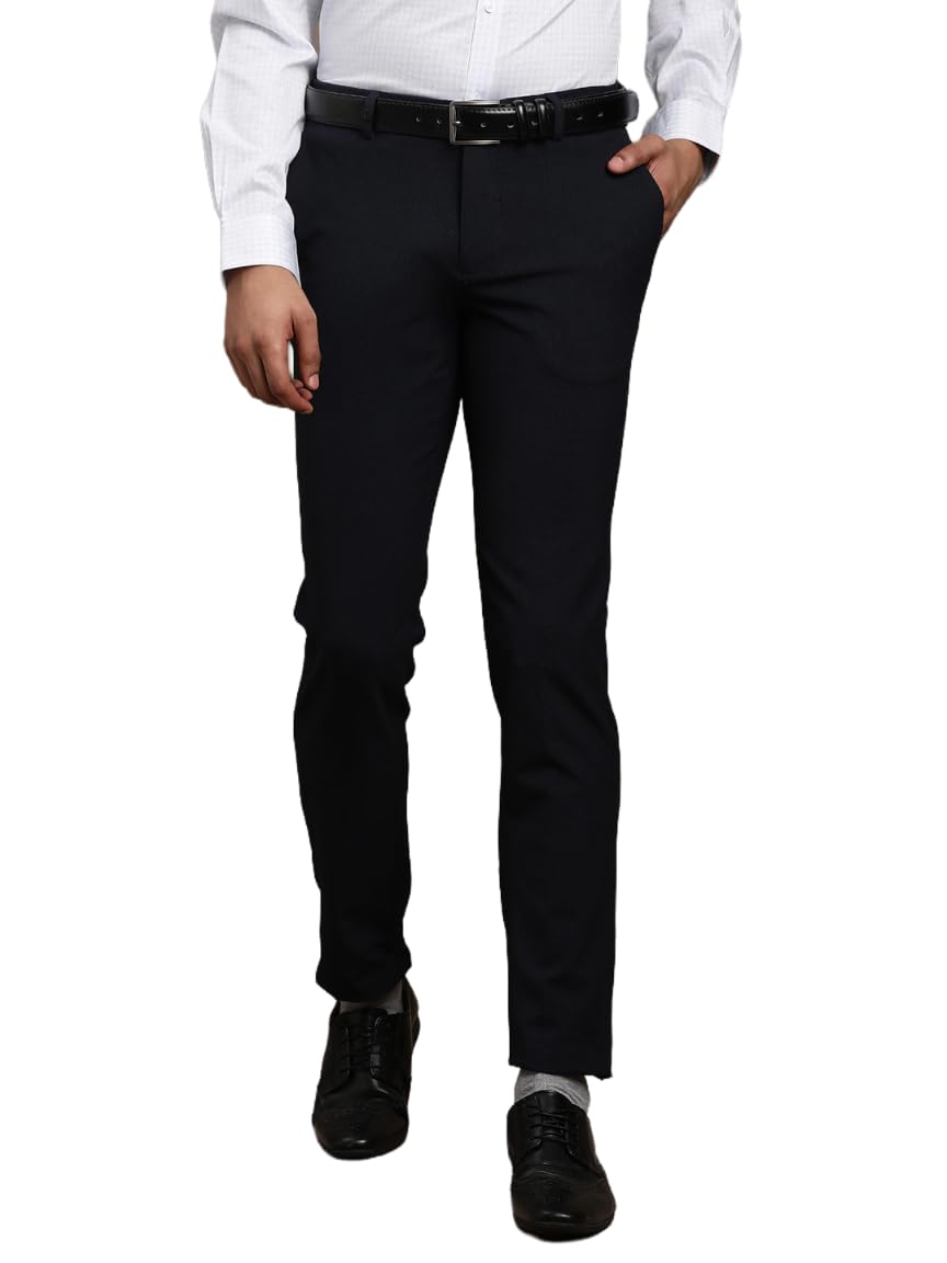 Turtle Men Narrow Fit Dobby Cotton Stretch Blue Formal Trouser