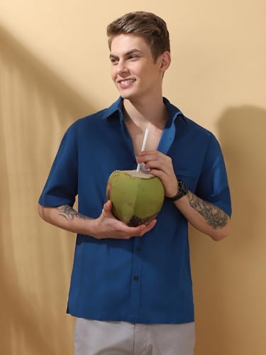 Dennis Lingo Men Relaxed Fit Teal Blue Half Sleeves Cotton Casual Shirt