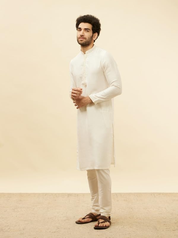 Manyavar Mens Warm White Art Silk Printed Kurta Pyjama Set