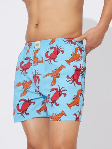 The Souled Store Get Crabby Men And Boys Elasticated Blue All Over Printed Cotton Boxer Shorts