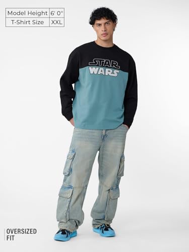 The Souled Store Star Wars: Fastest Ship Men and Boys Round Neck Blue and Black Graphic Printed Cotton Oversized Full Sleeve T-S