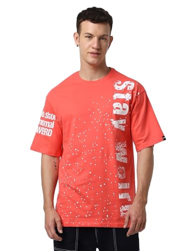 Bewakoof Mens All Over Printed Oversized Fit Half Sleeve Round Neck Cotton Jersey T-Shirt 616646 Red_M