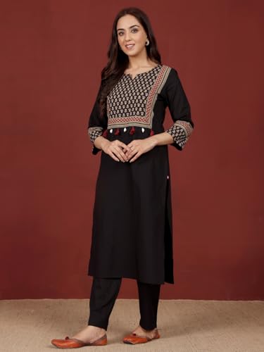 Varanga Women Jaipuri Ethnic Printed Yoke Straight Kurta Black
