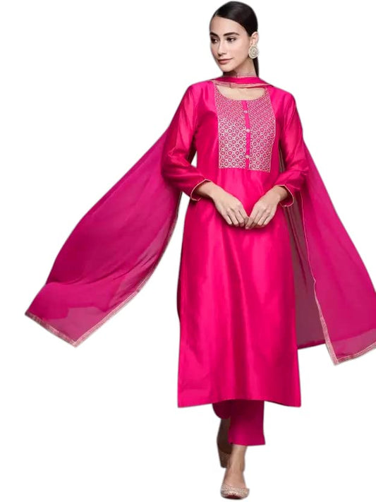 Gosriki WomenS Silk Blend Embroidered Straight Kurta With Pant & Dupatta (Lissy-New-Pink-Xxl-Go_Pink_Xx-Large)