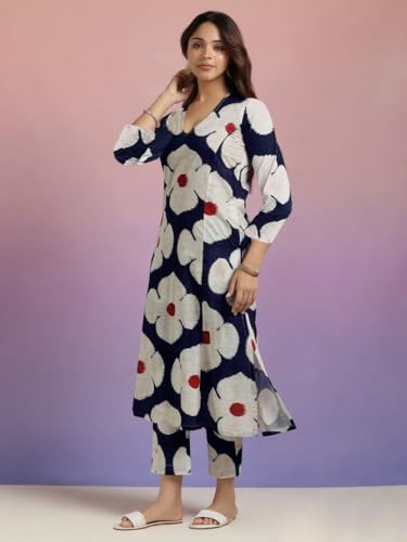 ANNI DESIGNER Women's Cotton Blend Straight Printed Kurta with Pant (Chunilal Blue_XL_Blue_X-Large)