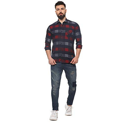 Campus Sutra MenS Navy Blue & Red Gun Club Check Shirt For Casual Wear | Spread Collar | Long Sleeve | Button Closure | Cotton