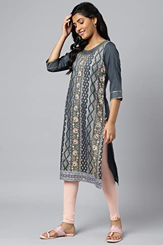 Aurelia Women's Polyester Floral Print Viscose Blend Regular Kurta