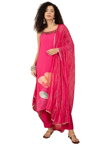 Varanga Women Spaghetti Strap Floral Kurta Featuring Tassles With Trousers And Dupatta