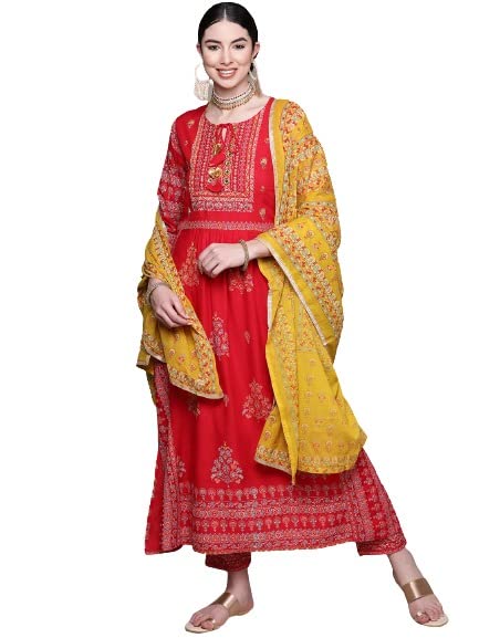 anubhutee Women's Teal Ethnic Motifs Printed Thread Work Rayon Kurta Suit Set with Trousers & Dupatta