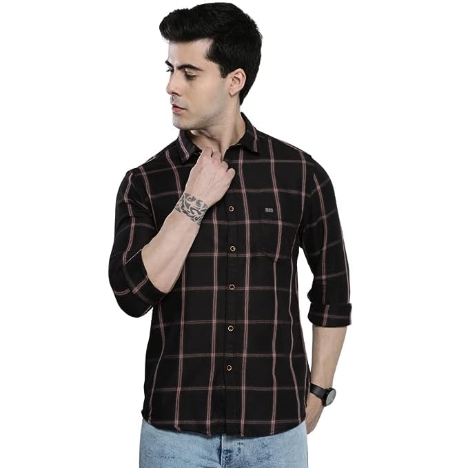 The Indian Garage Co Men Black Checkered Slim Fit Cotton Casual Shirt