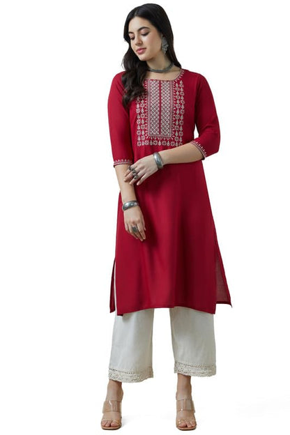 Soch Womens Maroon Rayon Zari Embroidered Kurta
