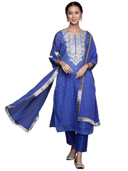 Varanga Blue Bandhani Printed, Gota Pati Embroidered Yoke Straight Kurta Paired With Tonal Bottom And Dupatta