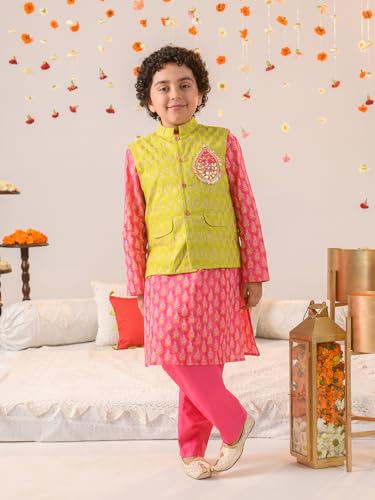 Pspeaches Boys Ethnic Motifs Printed Pure Cotton Kurta With Pyjamas Nahru Jacket