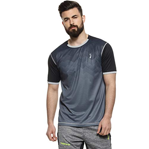 Campus Sutra Mens Charcoal Grey Geometric Activewear T-Shirt for Casual Wear | Crew Neck | Short Sleeve | Pull On Closure | Pol