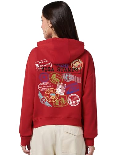 Bewakoof WomenS Graphic Print Oversized Fit Full Sleeve Cotton Blend Hoodies_1500634_Red_M