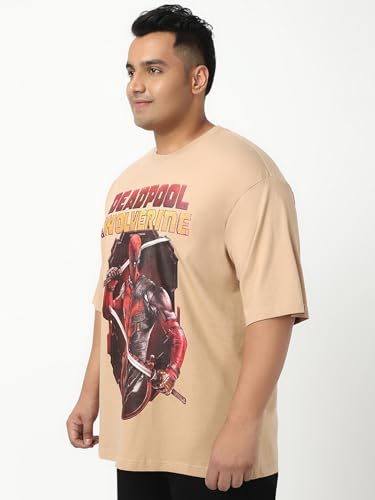 Bewakoof Official Marvel Merchandise Deadpool Mens Graphic Printed Oversized Fit Half Sleeve Round Neck Cotton Jersey Plus Size
