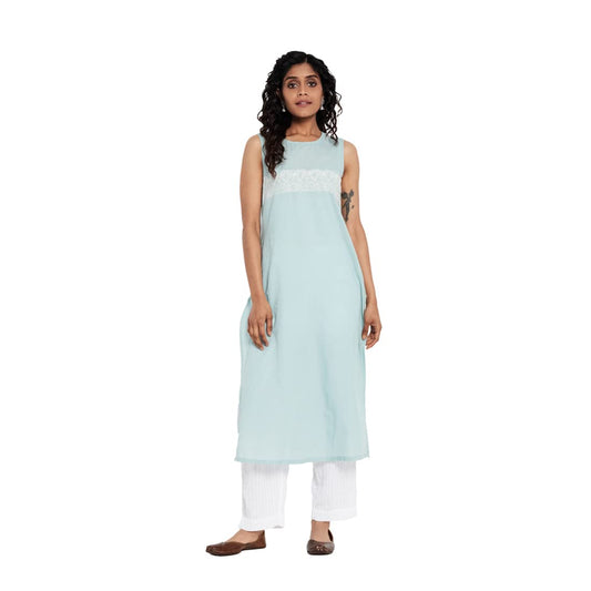 Fabindia Women Slub Chikankari Slim Fit Long Kurta Cotton_Turquoise Blue