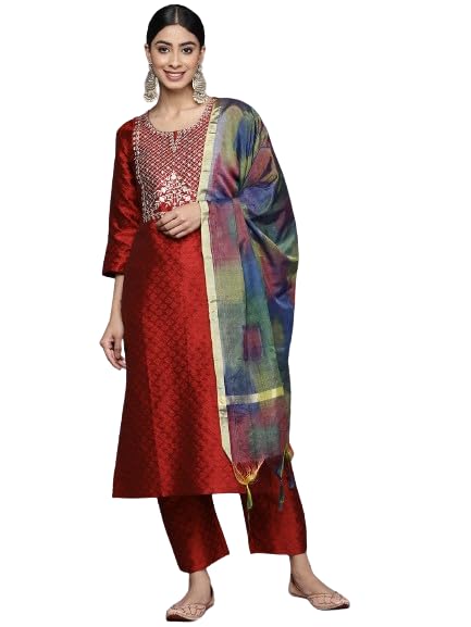 VARANGA Women's Silk Blend Kurta set (NV_VSKD31134_VARDUP1153_Maroon