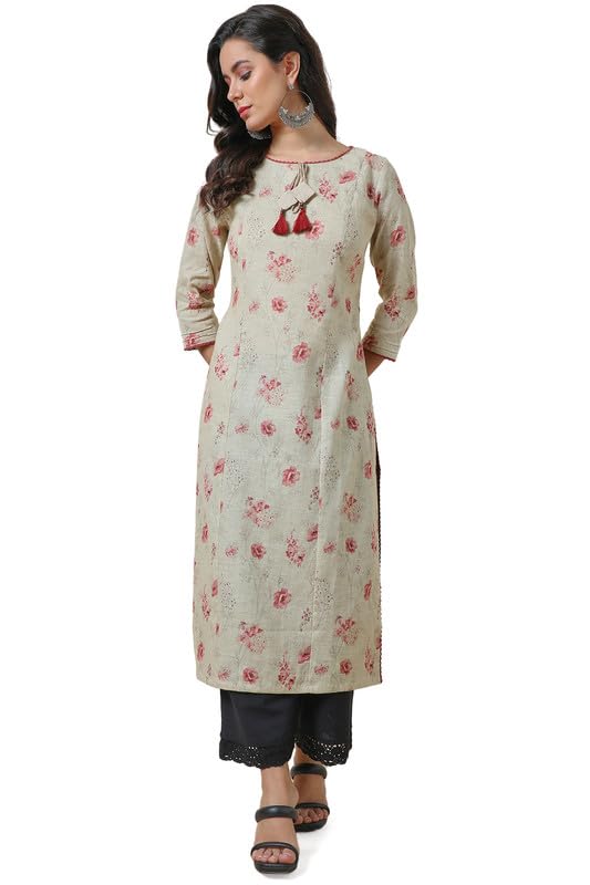 Soch Womens Beige Pure Linen Boat Neck Kurta with Tassels