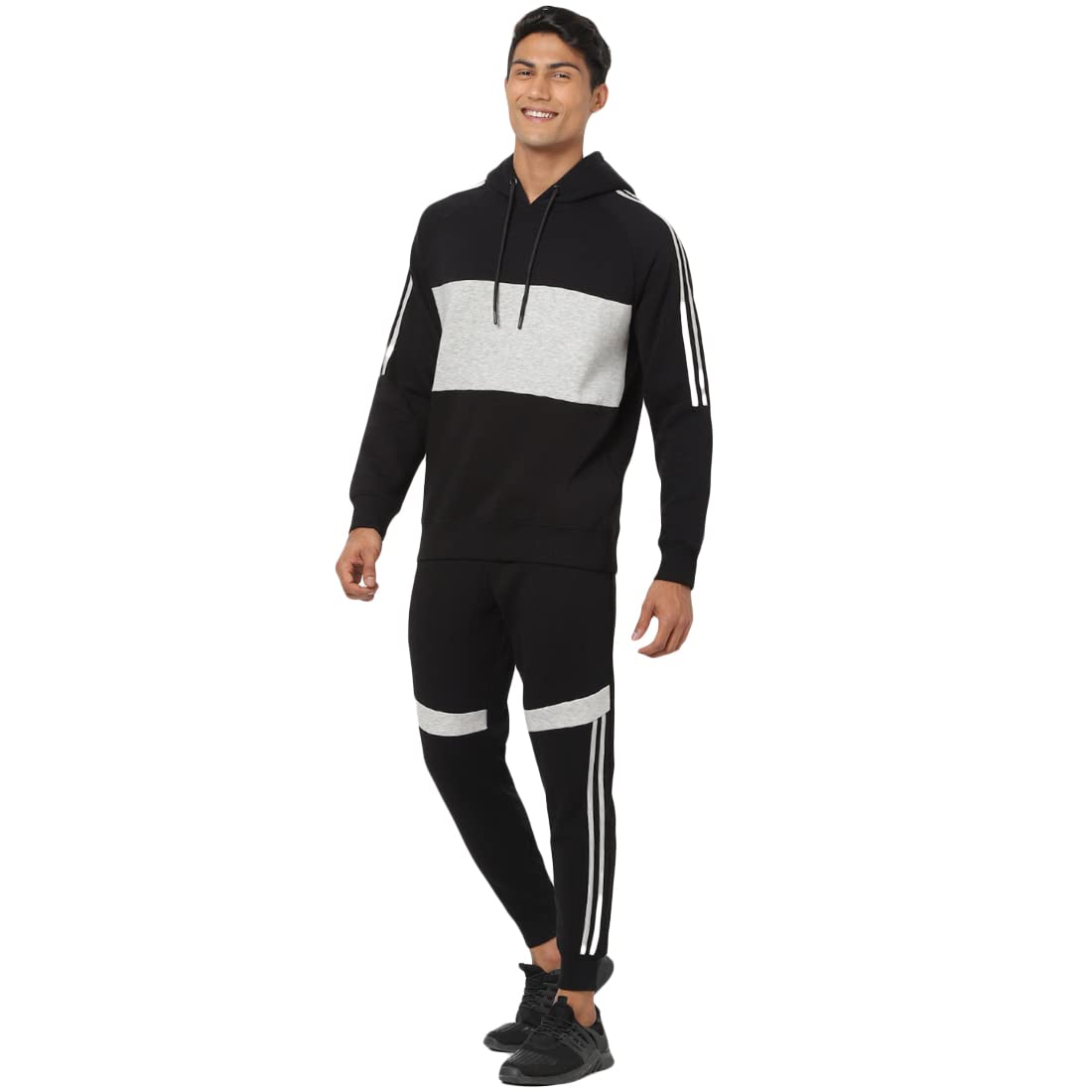 Bewakoof Mens Color Block Regular Fit Full Sleeve Fleece Hoodies Black,White