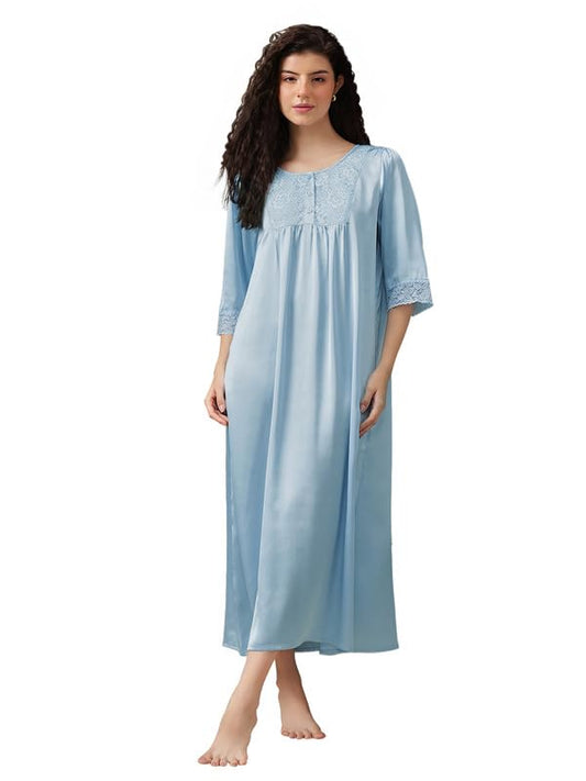 Clovia Womens Satin Long Nighty (NS1564P03_Blue_XXL)