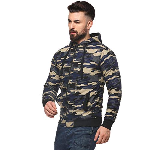 Campus Sutra Mens Light Blue Camouflage Regular Fit Cotton Jacket for Winter Wear | Hooded Collar | Full Sleeve | Zipper | Casu