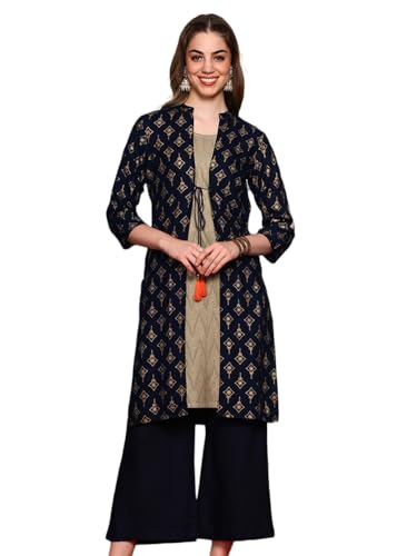 ishin Women Ethnic Motifs Printed Regular Straight Kurta with Palazzos | Kurta set for women | Kurta with palazzo and jacket