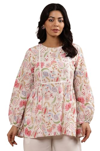 W Ecru Floral Printed Cotton Top And Pant For Women