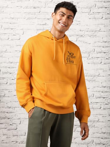 Nobero MenS Cotton Neck Hooded Sweatshirt (1M-Twrh-C0272_Mustard Yellow