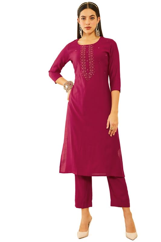 Soch Womens Magenta Viscose Yoke Design Kurta Set With Cutdana