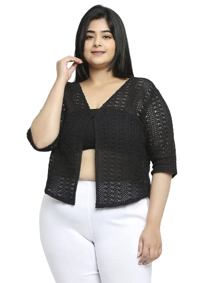 Style Quotient Women Black Self Design Lace Open Front Smart Casual Shrug