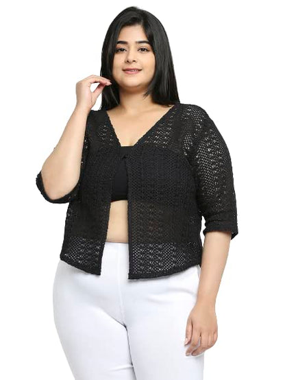 Style Quotient Women Black Self Design Lace Open Front Smart Casual Shrug