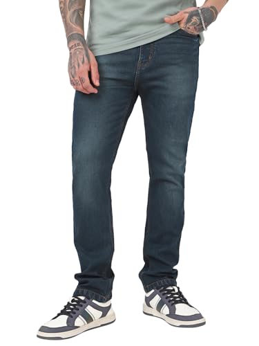 Bewakoof MenS Washed Slim Straight Fit Cotton Elastane Blend Stretchable Jeans_663619_Blue_34