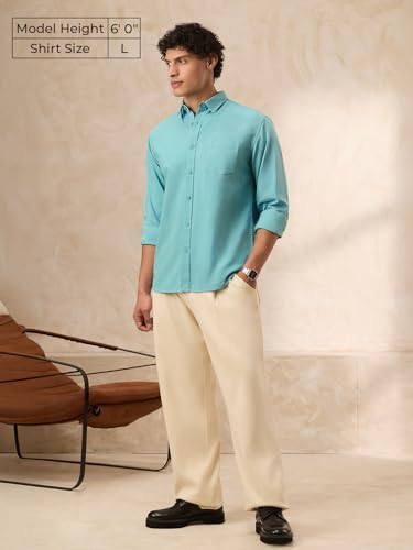 The Souled Store Essential Line: Supima Shirt Men and Boys Full Sleeves Semi-Spread Collar Solid Cotton Regular Fit Lightweight